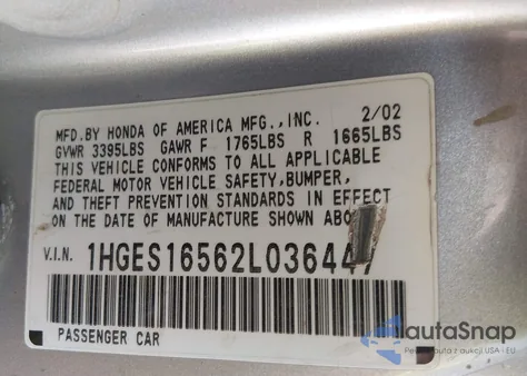 2002 Honda Civic Lx из США, поврежденный, VIN 1HGES16562L036447